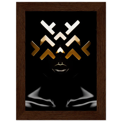 Abstract geometric artwork featuring white and gold angular shapes above stylized silver lips on a black background, framed in wood.