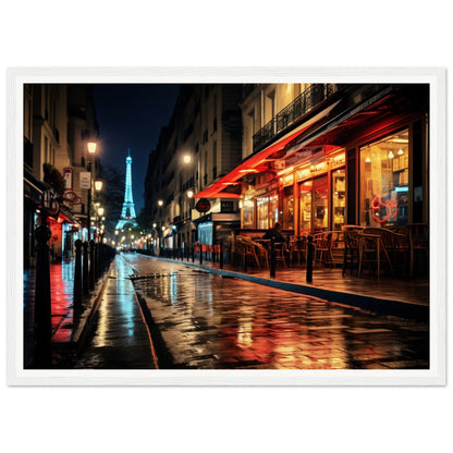 Illuminated Eiffel Tower visible at the end of a rainy Parisian street at night.