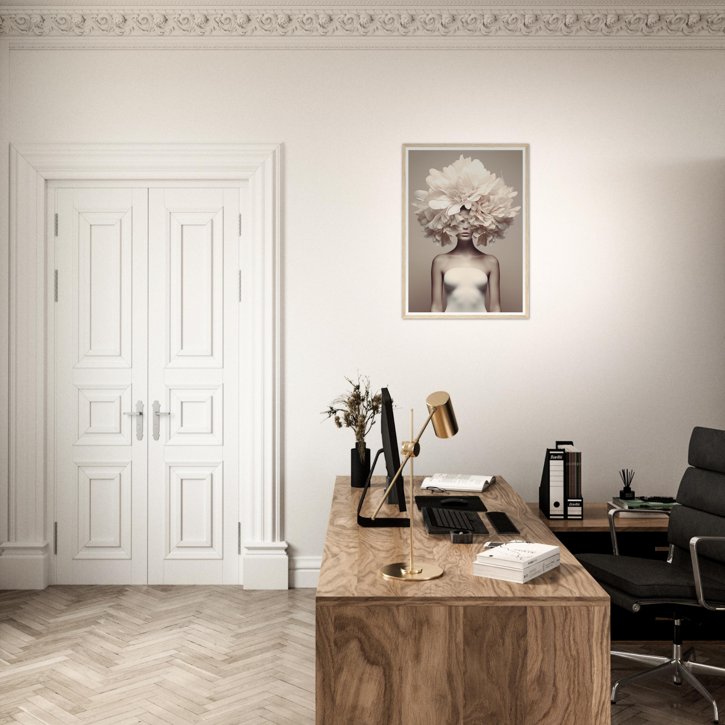 Stylish home office workspace with a wooden desk and artistic wall decor.