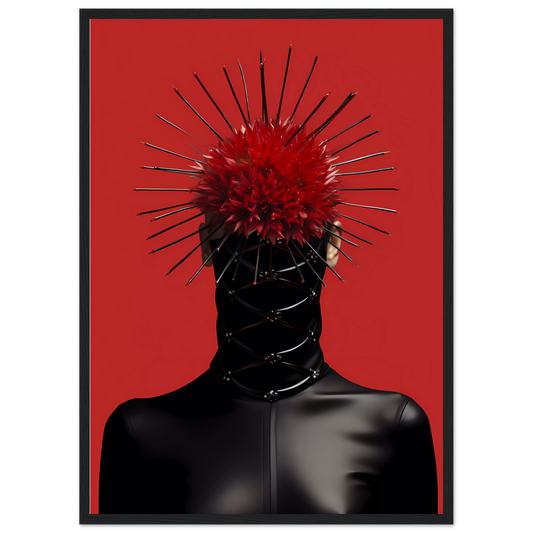 Surreal figure with a black body and a red, spiky, crown-like headpiece.