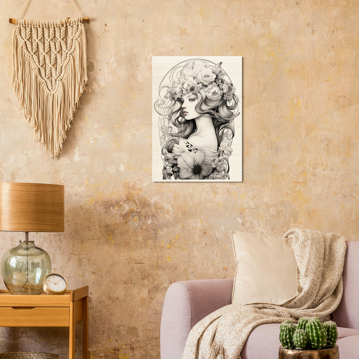 A black and white drawing of a woman with flowers in her hair, perfect for an Art Deco Flower Head Monochrome - Wood Prints wall art poster.