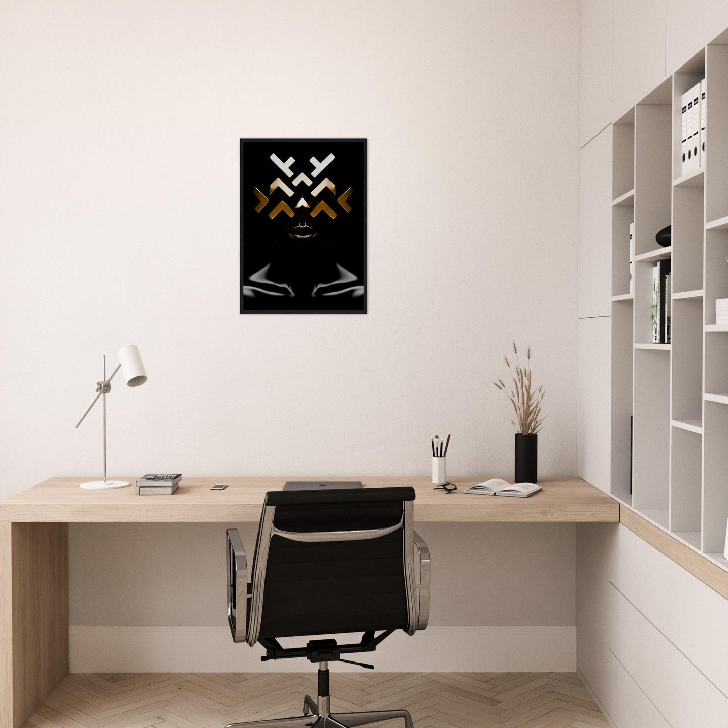 Minimalist home office workspace with a wooden desk, office chair, and wall-mounted shelving unit.