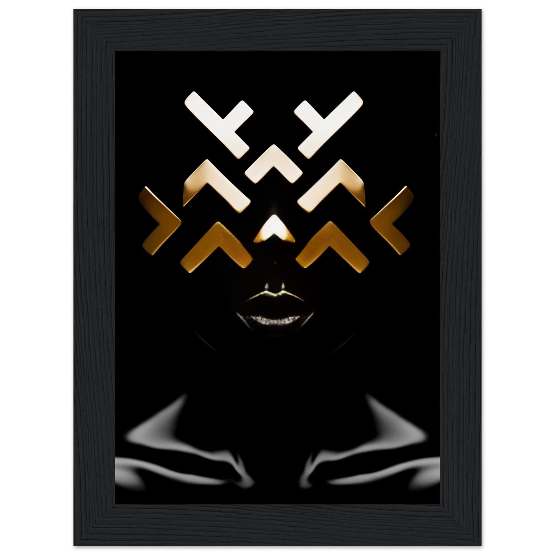 Abstract geometric design featuring white and gold angular shapes above stylized silver lips on a black background.