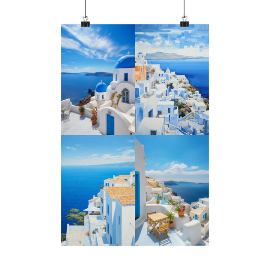 Poster featuring four scenic views of Santorini, Greece, with its iconic white buildings and blue domes against the Aegean Sea.