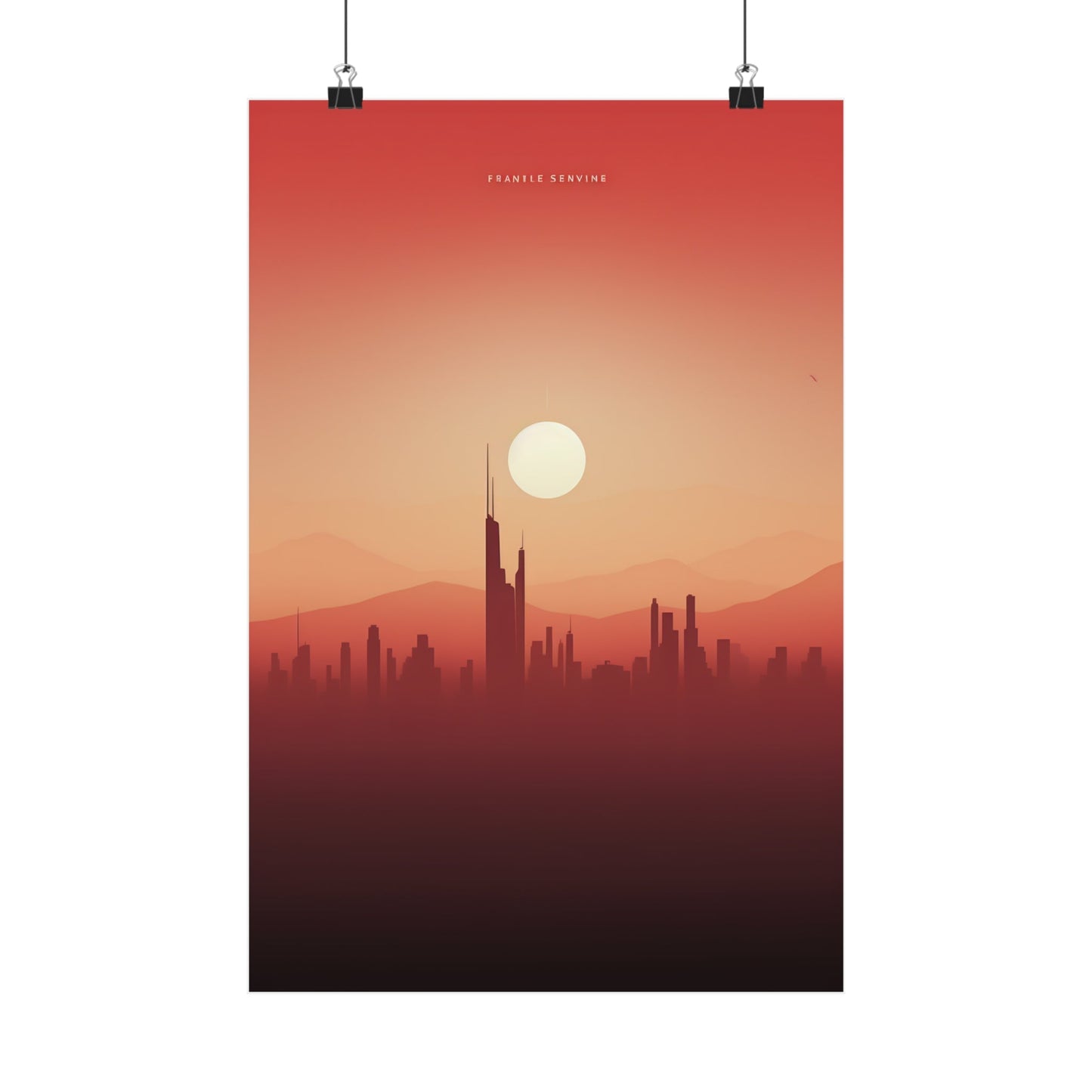 Poster depicting a city skyline silhouette at sunset with a prominent skyscraper.