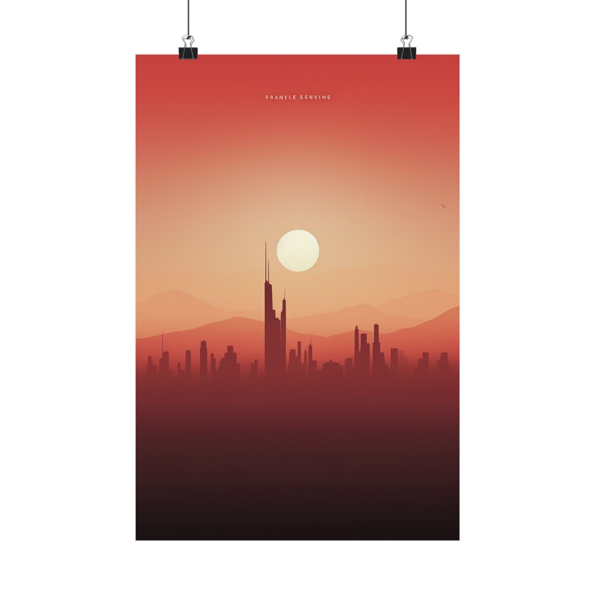 Poster depicting a city skyline silhouette at sunset with a prominent skyscraper.