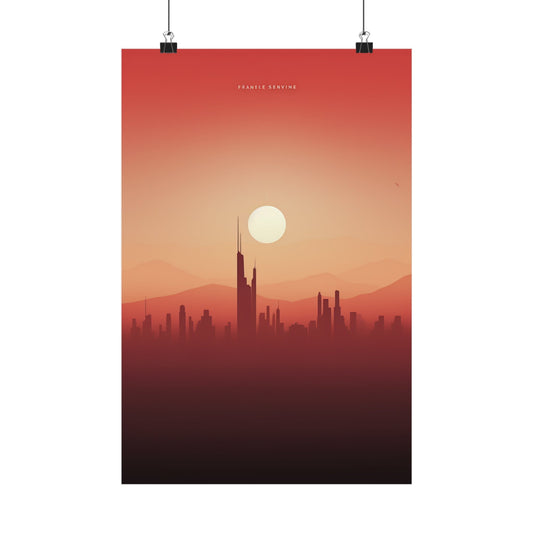 Poster depicting a city skyline silhouette at sunset with a prominent skyscraper.