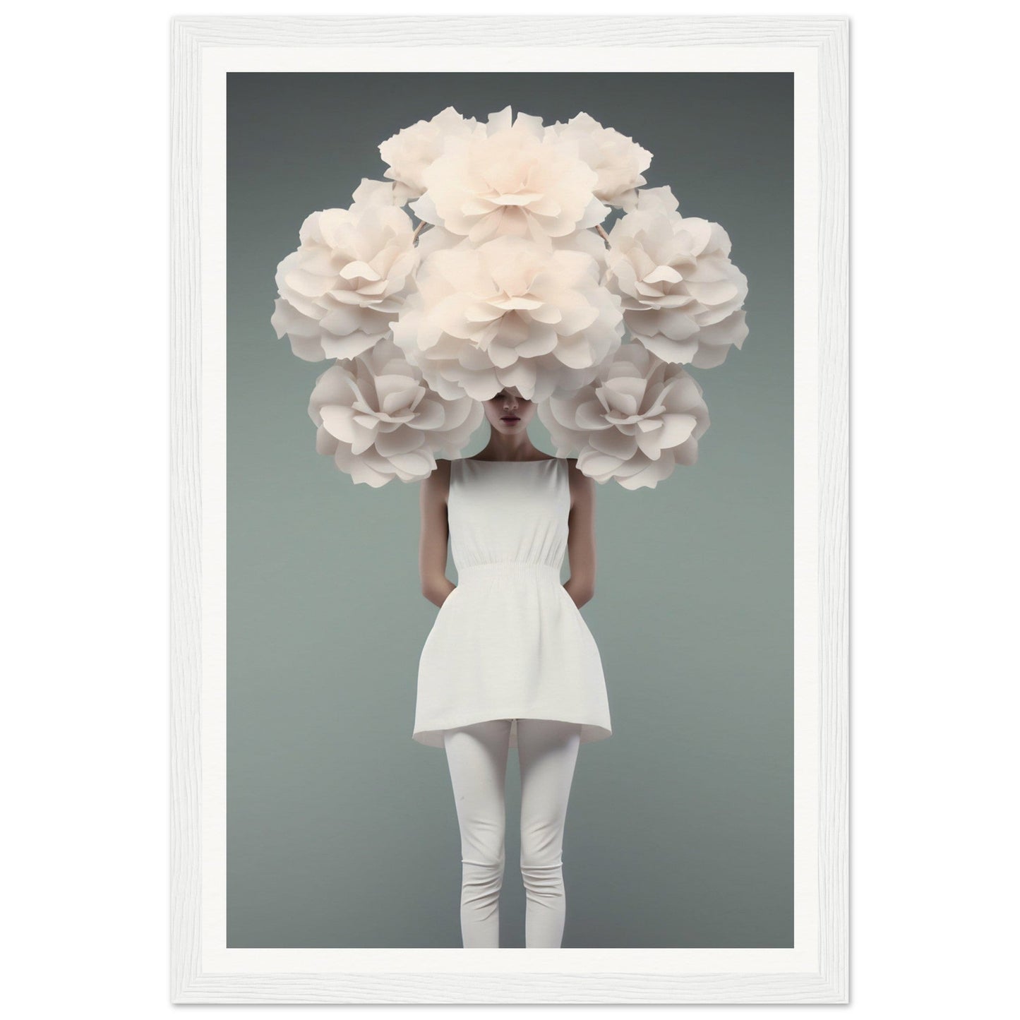 Figure wearing a white dress with an enormous floral headdress obscuring their face and head.