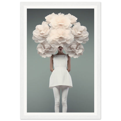 Figure wearing a white dress with an enormous floral headdress obscuring their face and head.