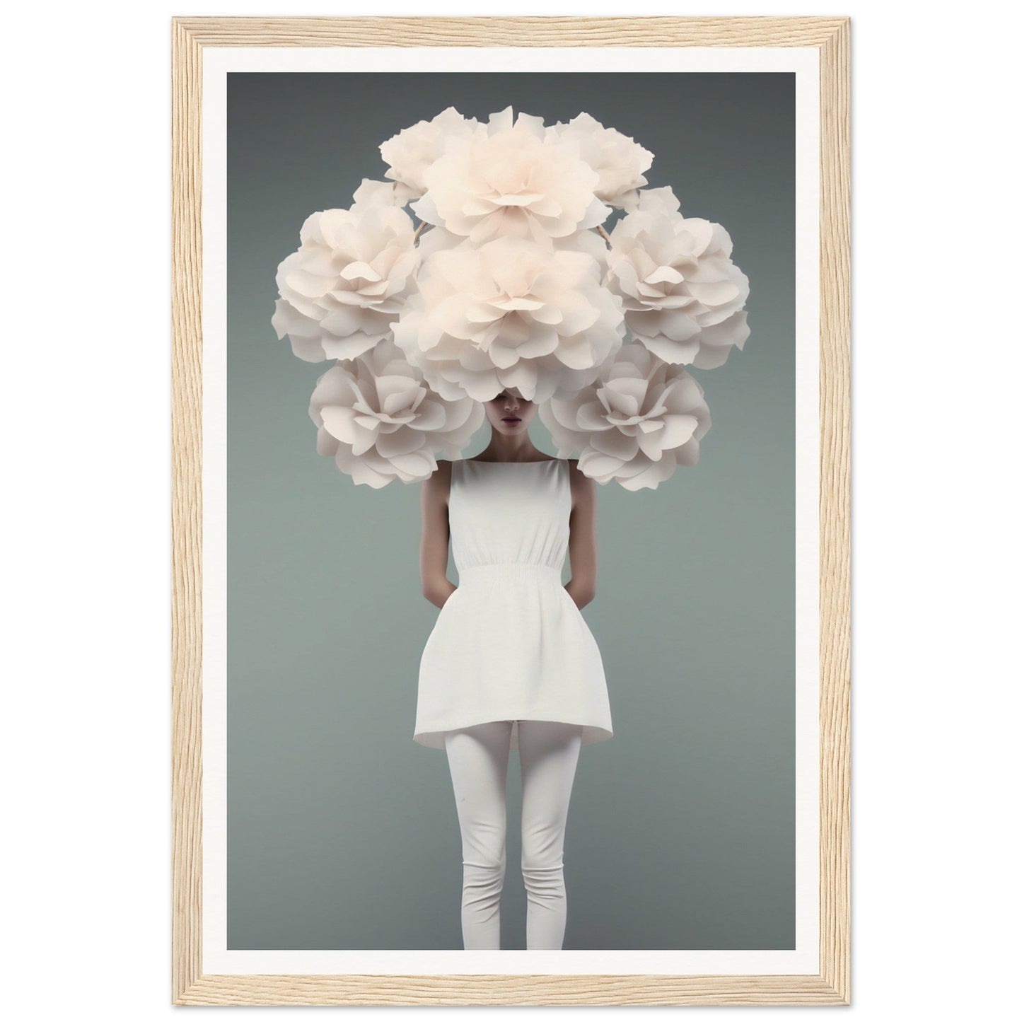 Figure wearing a white dress with an oversized floral headpiece resembling a cloud of white flowers.