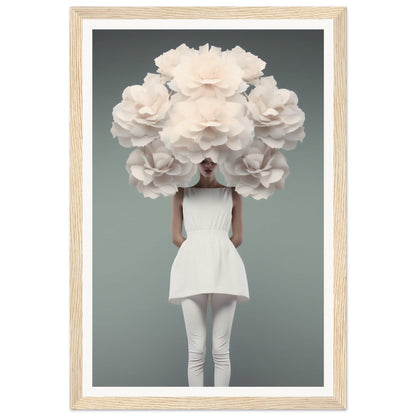 Figure wearing a white dress with an oversized floral headpiece resembling a cloud of white flowers.