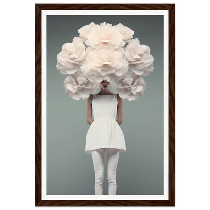 Figure in a white dress with an oversized floral headpiece obscuring their face and upper body.