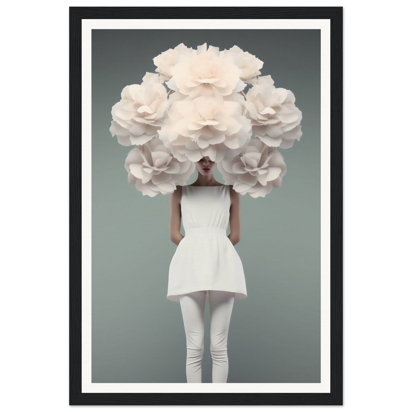 Figure in a white dress with an oversized floral headpiece obscuring their face.