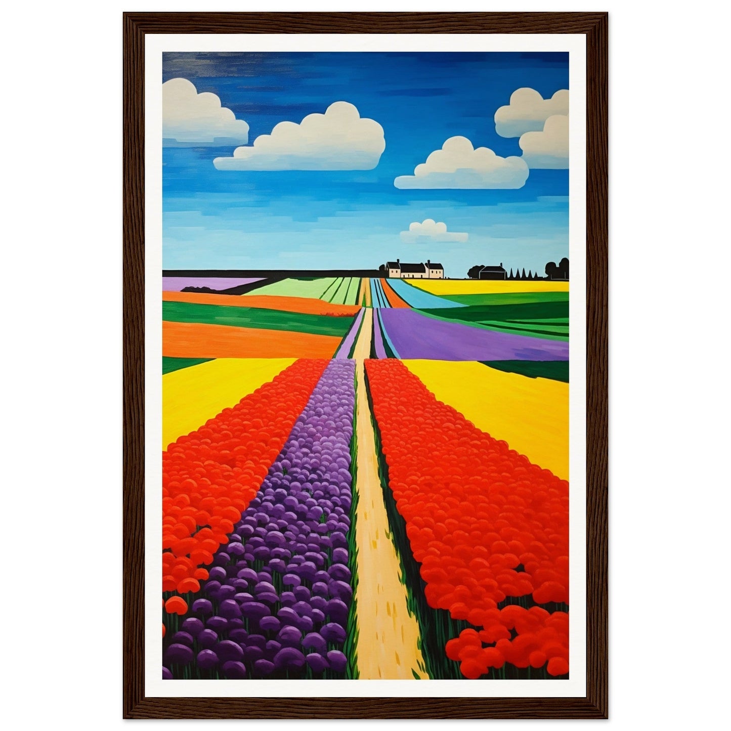 Colorful painting of tulip fields stretching towards the horizon.