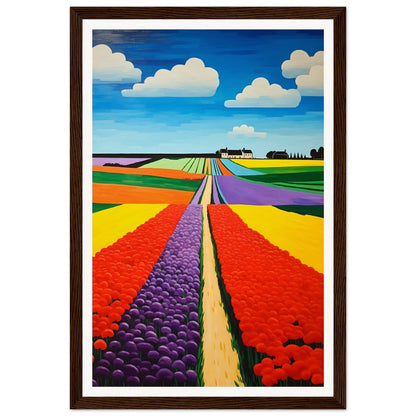 Colorful painting of tulip fields stretching towards the horizon.