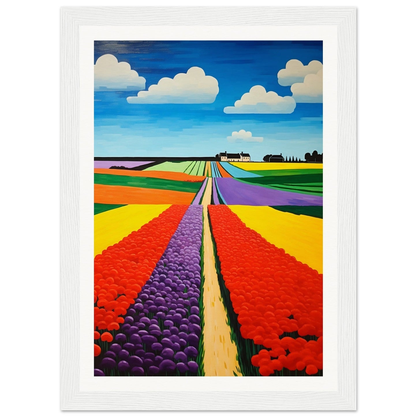 Colorful painting of tulip fields stretching towards the horizon.