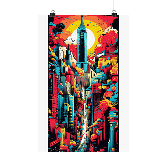 Vibrant, colorful poster depicting a stylized New York City skyline centered on the Empire State Building.