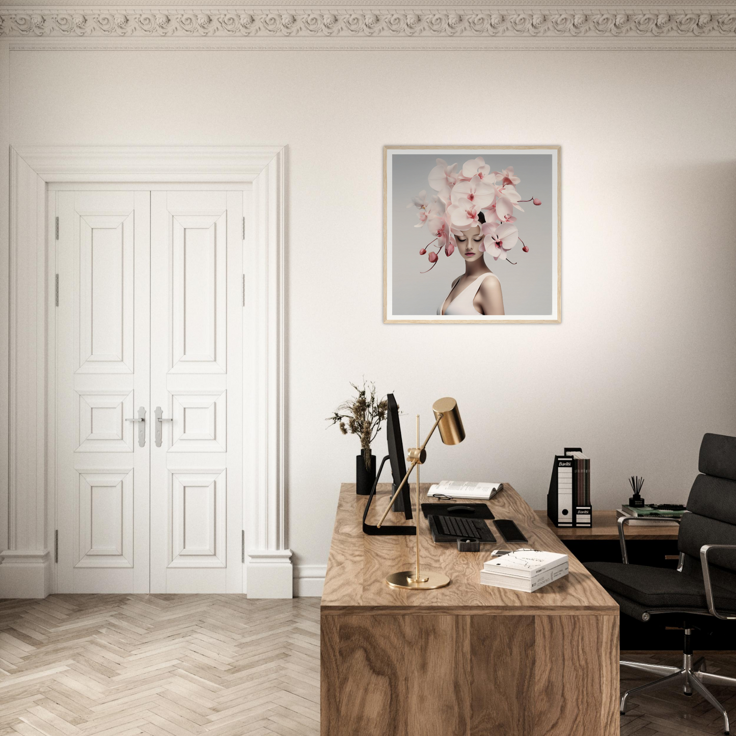 Elegant home office workspace with a wooden desk and modern decor.