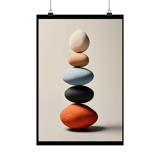 Stack of five colorful stones balanced precariously on top of each other.