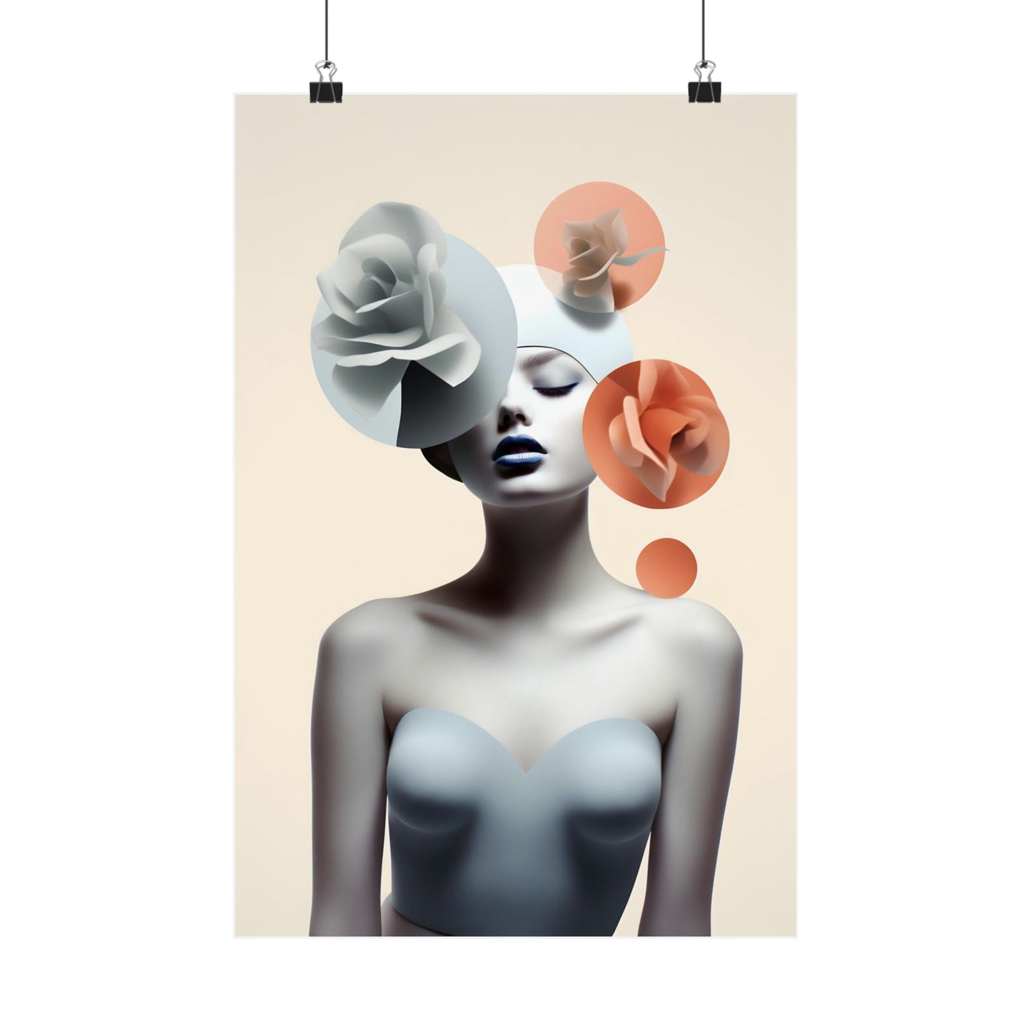 Surrealist portrait of a woman with abstract floral elements replacing her head.