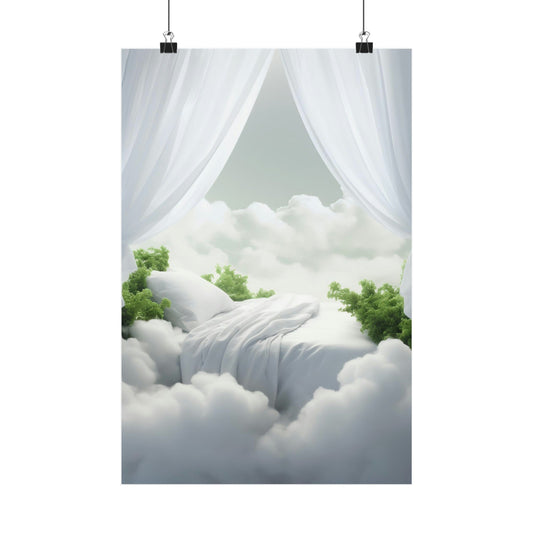 Bed made of clouds with white curtains and green foliage peeking through.