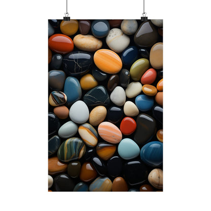 Collection of colorful and smooth pebbles or stones of various shapes.