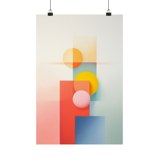 Abstract geometric artwork featuring overlapping shapes and soft gradient colors.