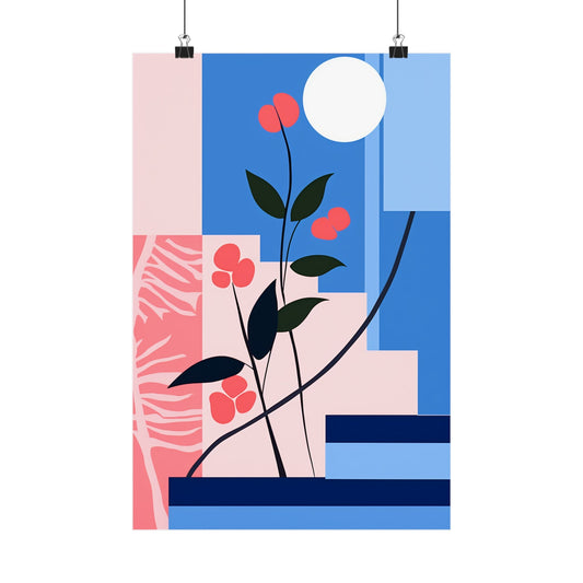 Stylized floral illustration with geometric shapes in pink and blue tones.