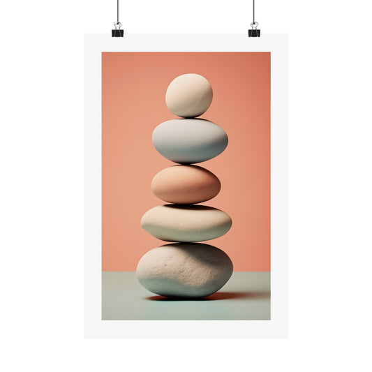 Stack of smooth, balanced stones in varying pastel shades.