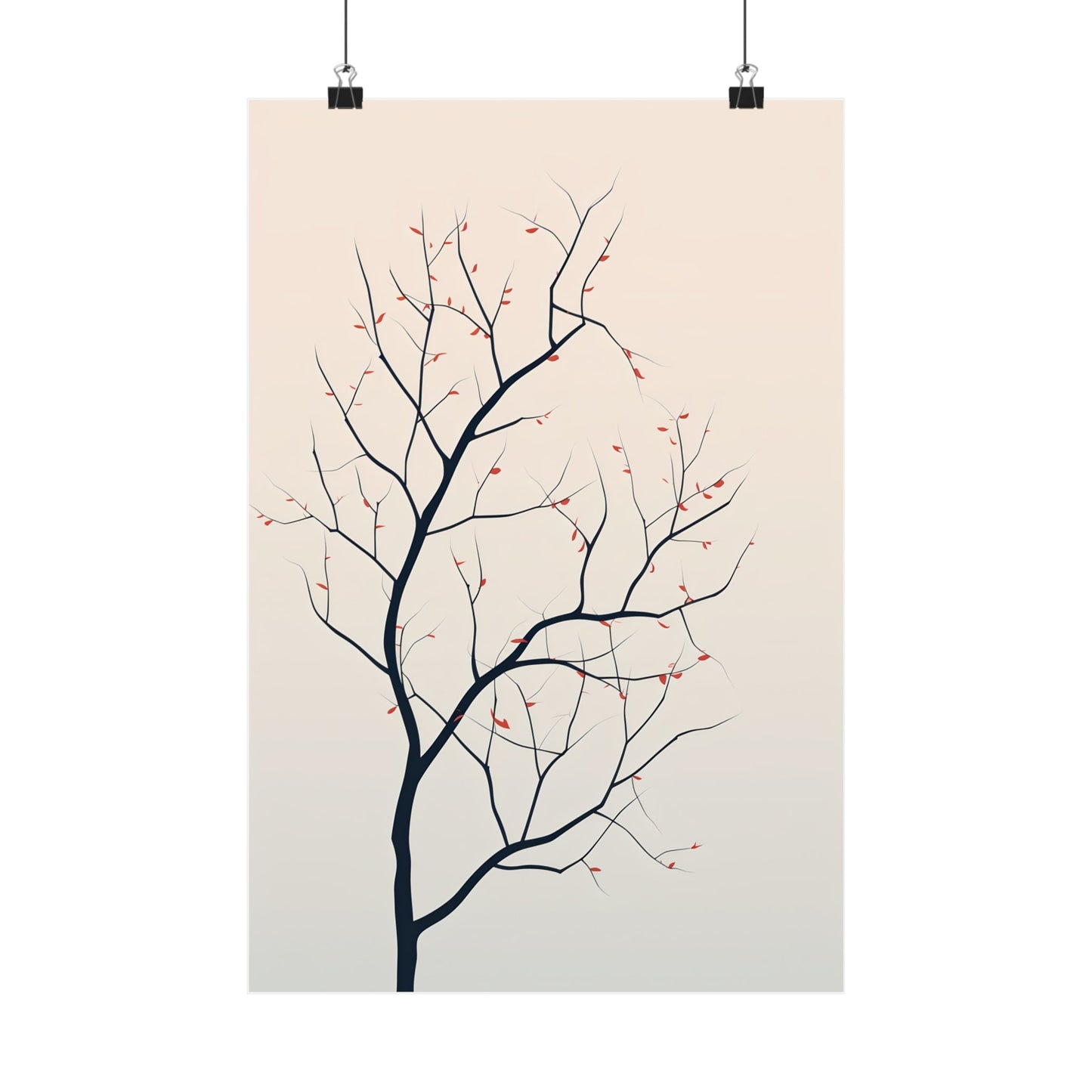 Bare tree branch with delicate red buds against a pale background.