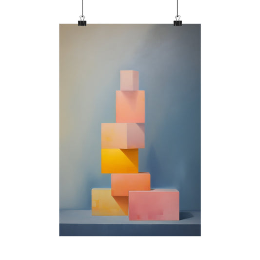 Stack of pastel-colored geometric blocks or cubes.