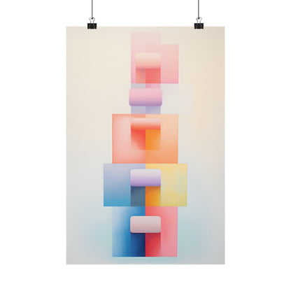 Abstract geometric composition featuring overlapping translucent squares and rectangles in pastel colors.