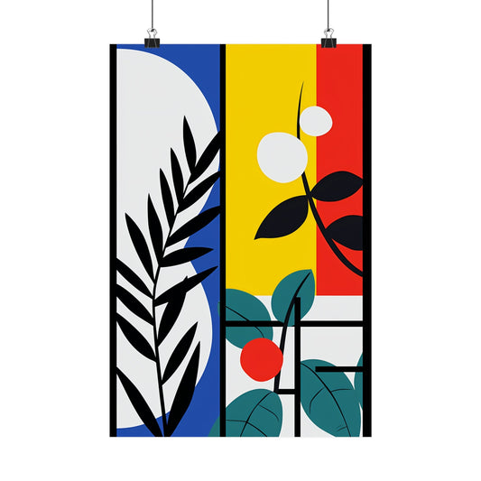 Abstract geometric artwork featuring colorful panels with stylized plant elements.