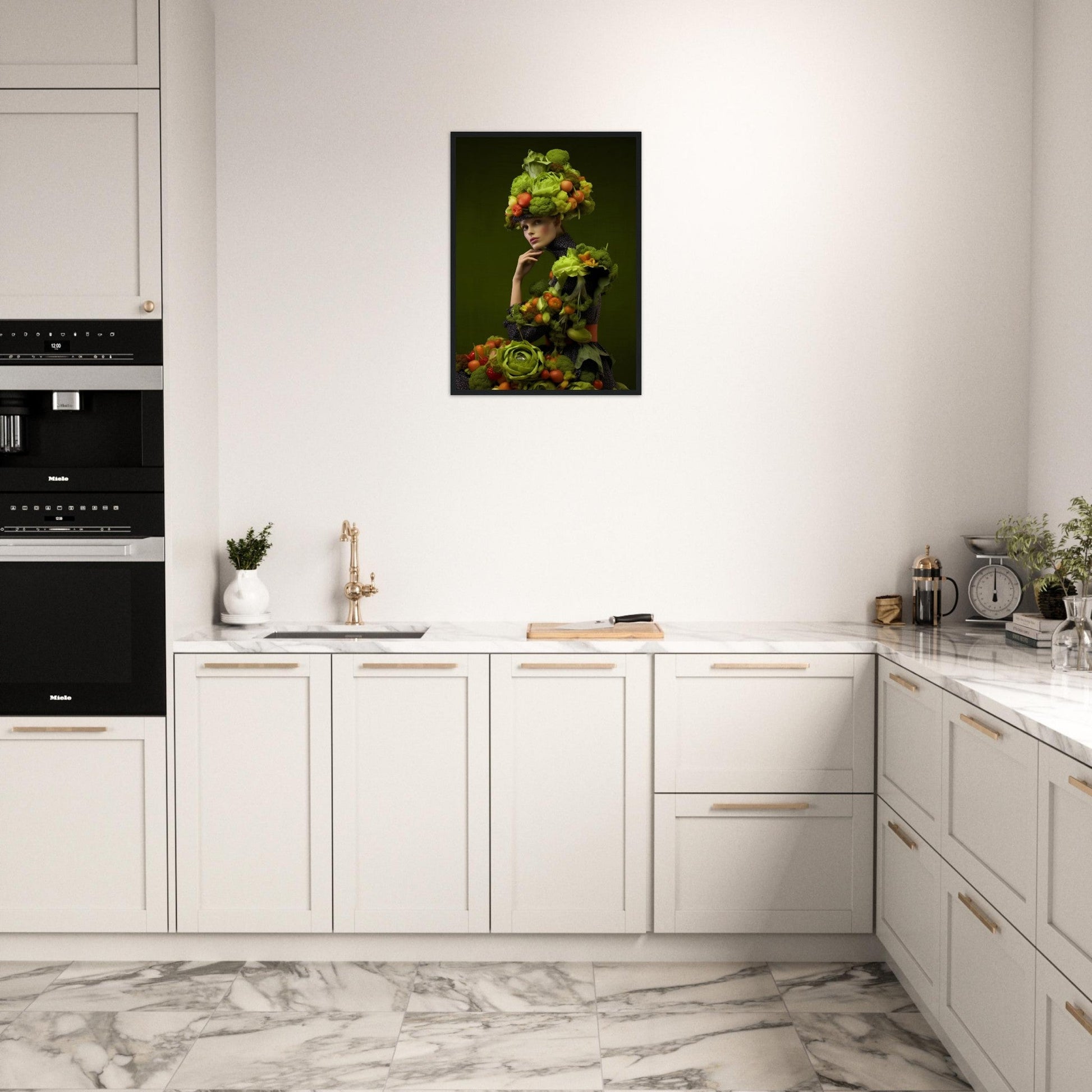 Modern white kitchen with built-in appliances and a colorful fruit-themed artwork on the wall.