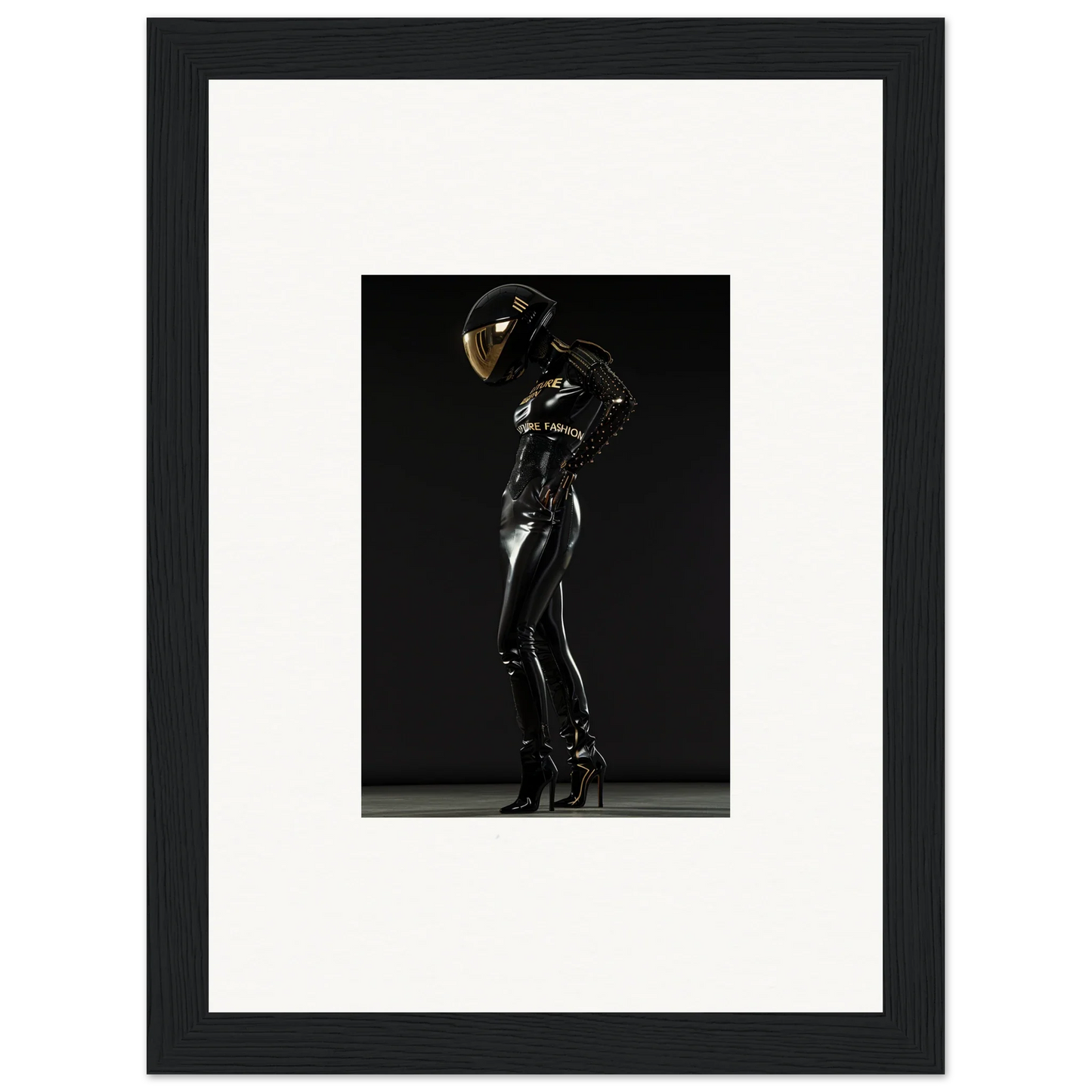 Shiny black latex or rubber bodysuit with a reflective helmet worn by a figure in a dramatic pose.