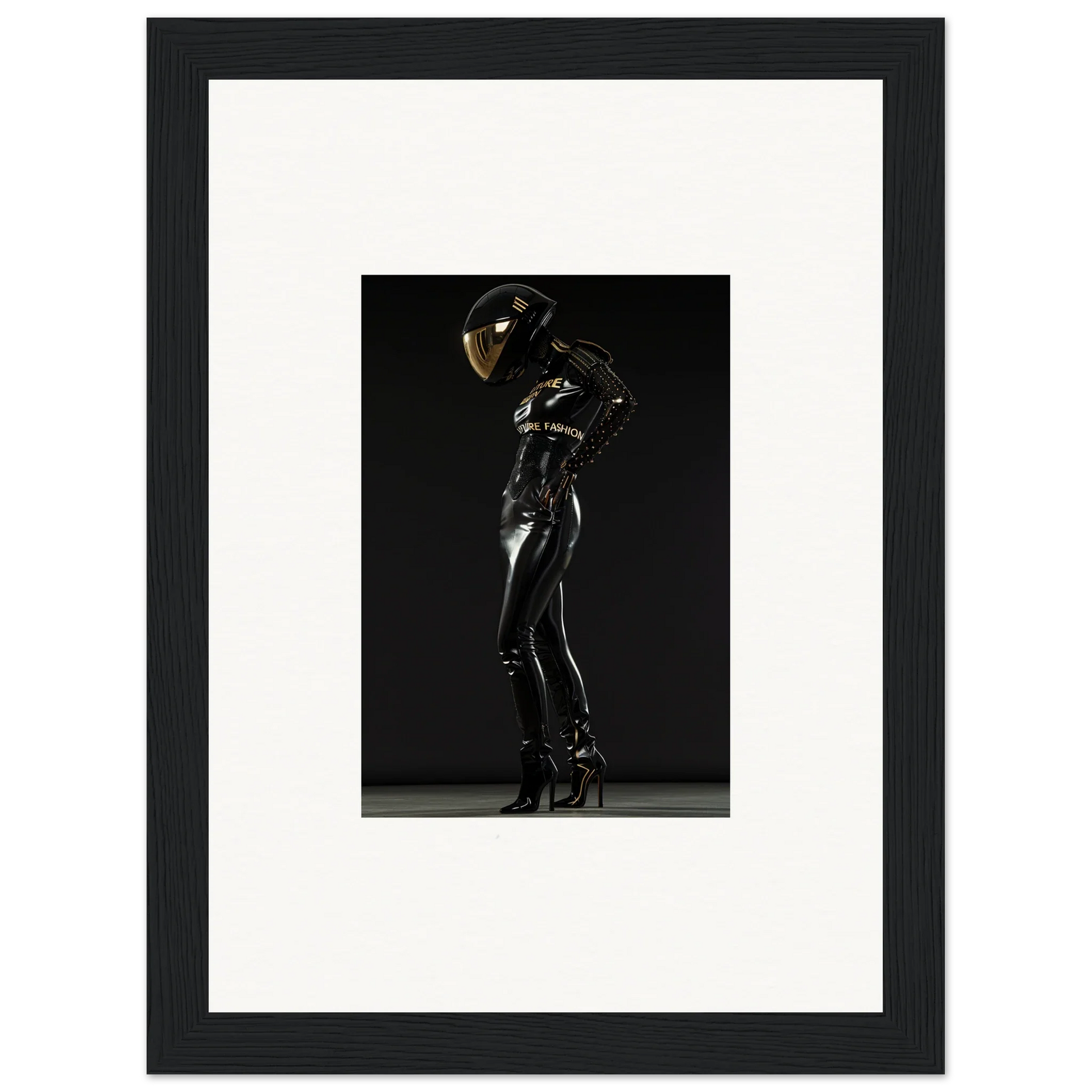 Shiny black latex or rubber bodysuit with a reflective helmet worn by a figure in a dramatic pose.