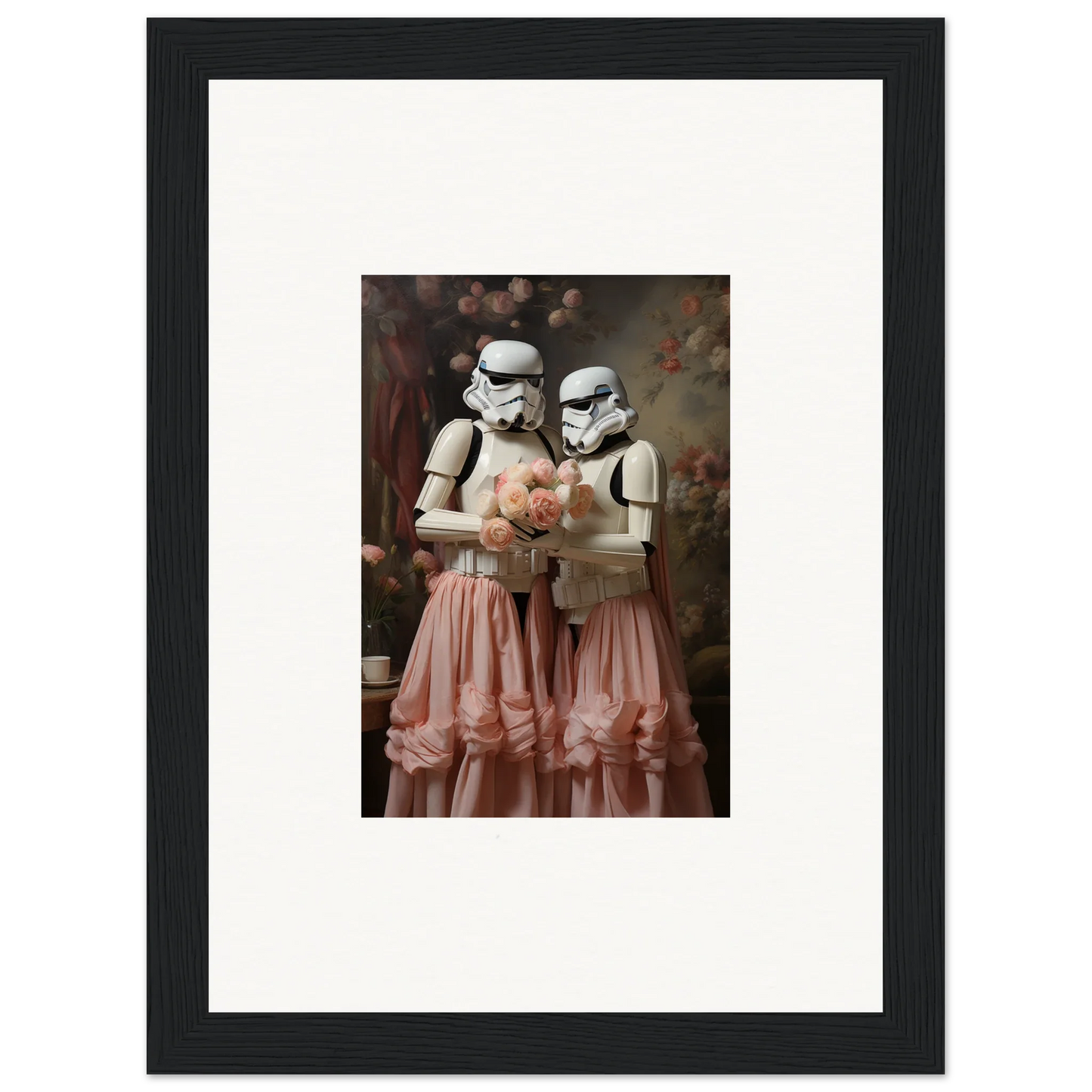 Framed photograph of two Stormtroopers wearing pink tulle skirts.