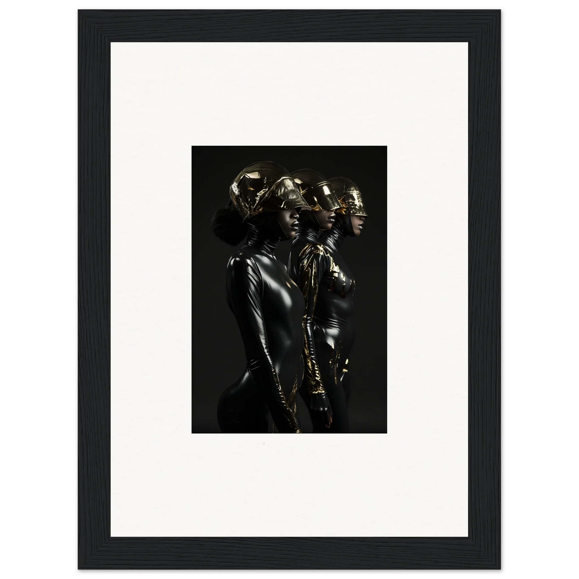 Framed black and white photograph of a sculptural figure with multiple heads.