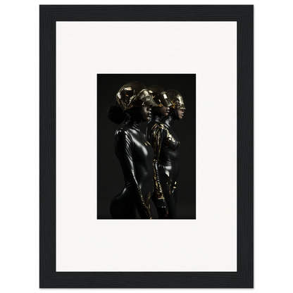 Framed black and white photograph of a sculptural figure with multiple heads.