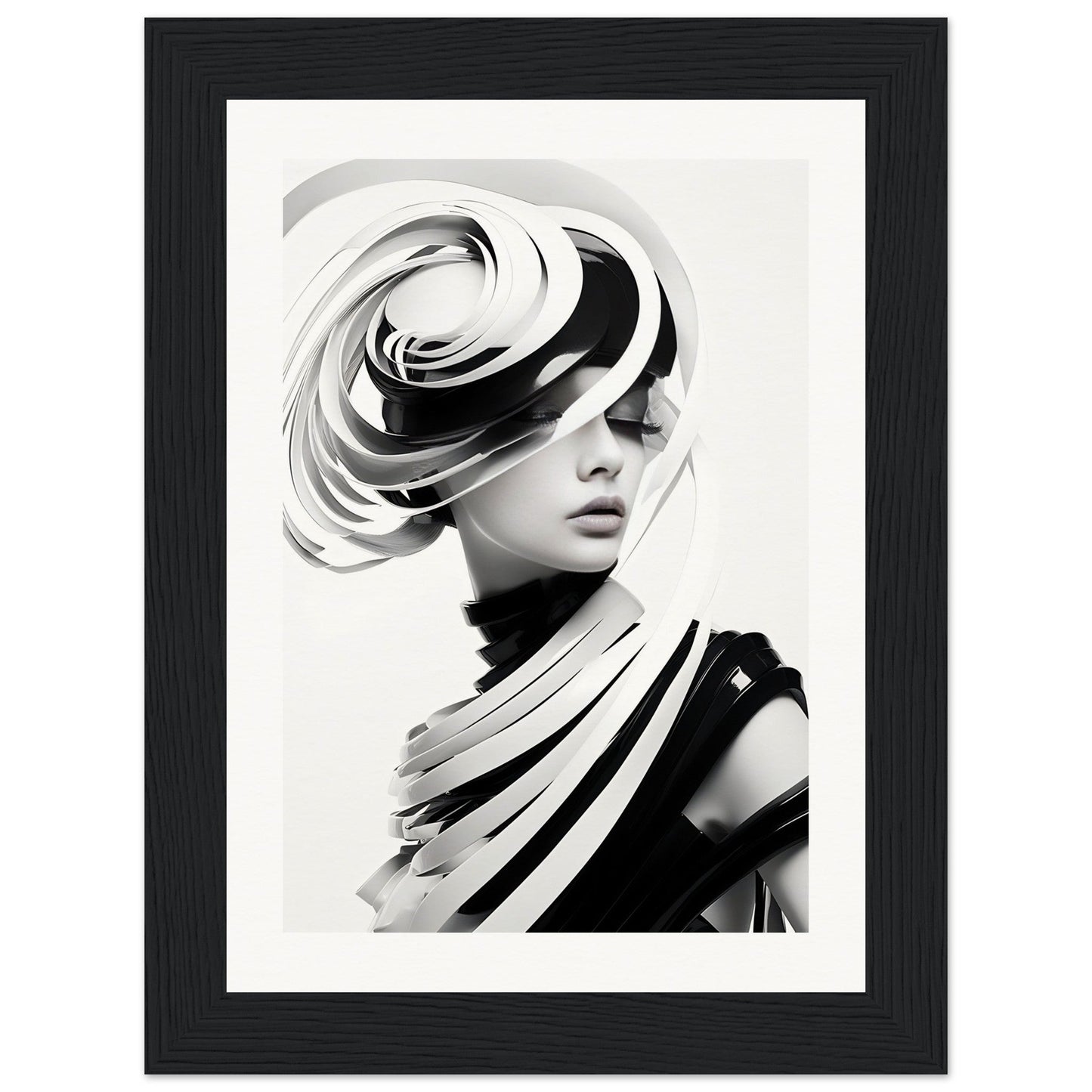 Black and white portrait of a person wearing an elaborate, swirling hat or headpiece.