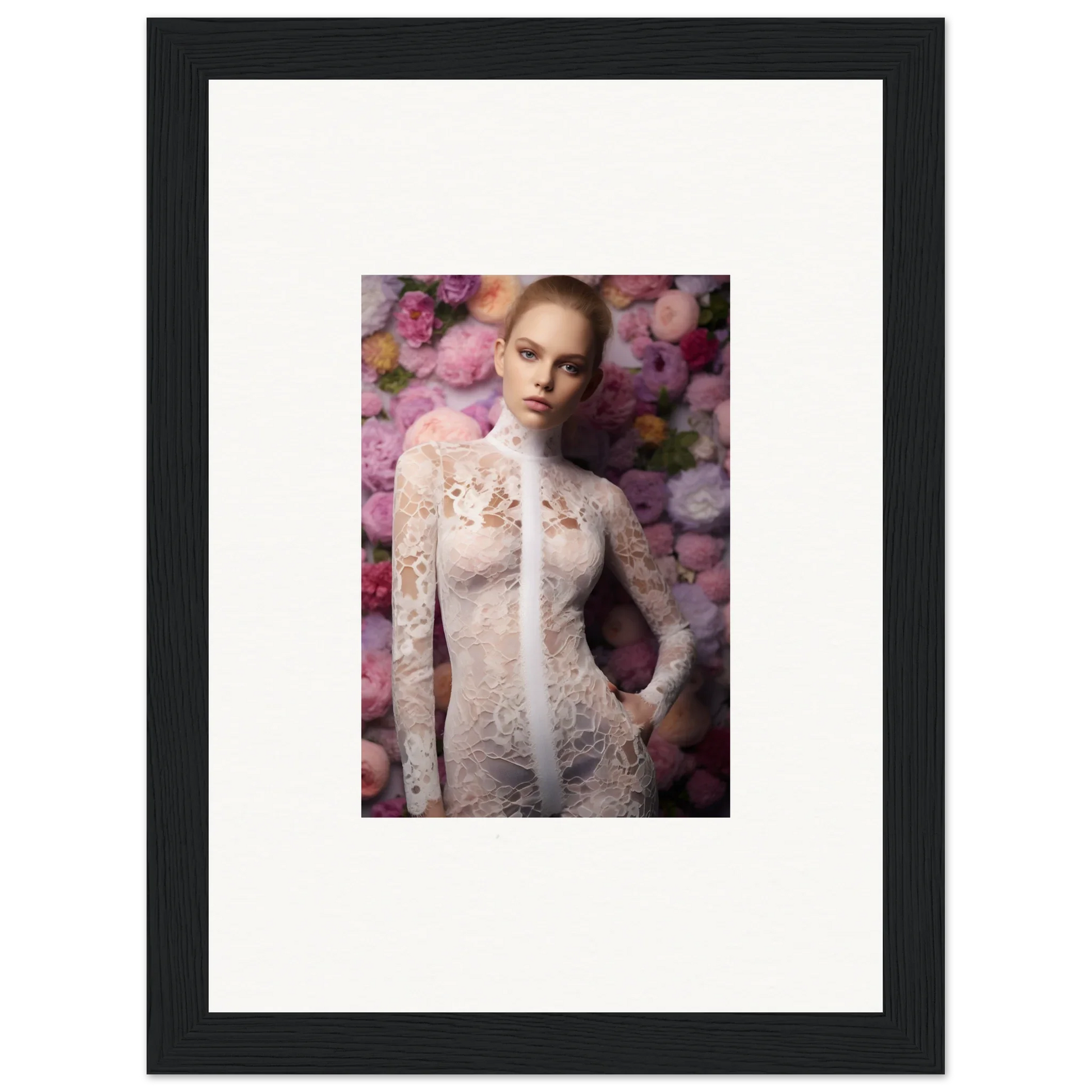 Framed portrait photograph of a woman in a white lace dress against a floral background.