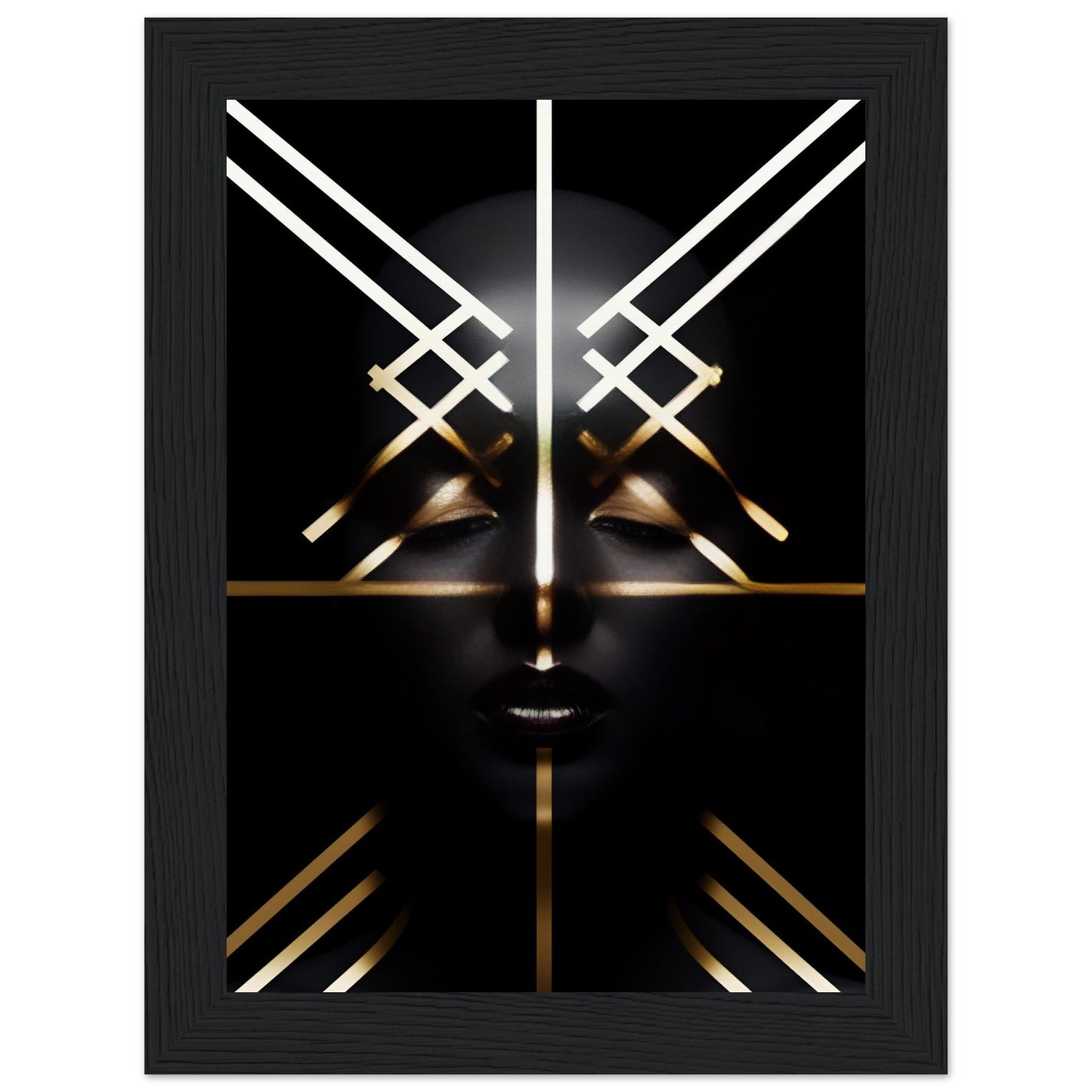 Stylized abstract face composed of glowing white and gold geometric lines against a black background.