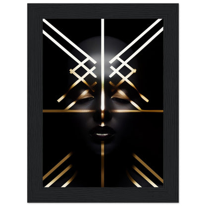 Stylized abstract face composed of glowing white and gold geometric lines against a black background.