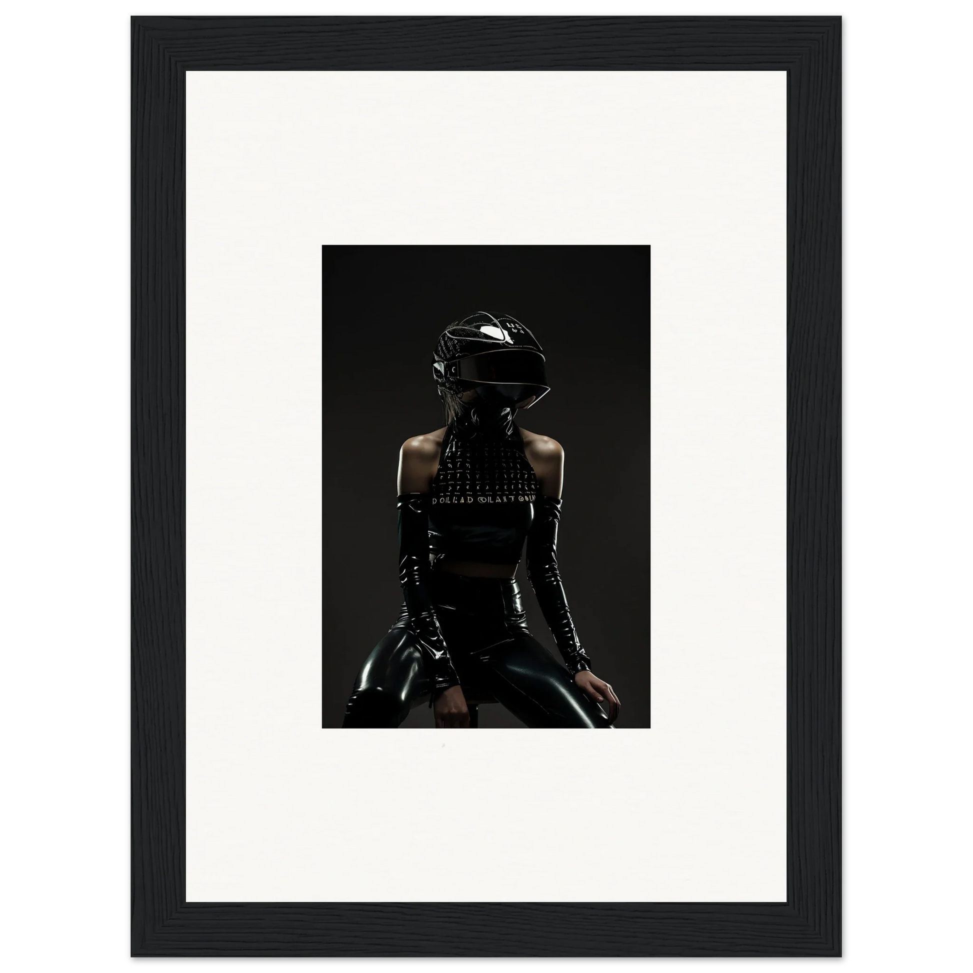 Framed photograph of a person wearing a black helmet and dark clothing, viewed from behind.