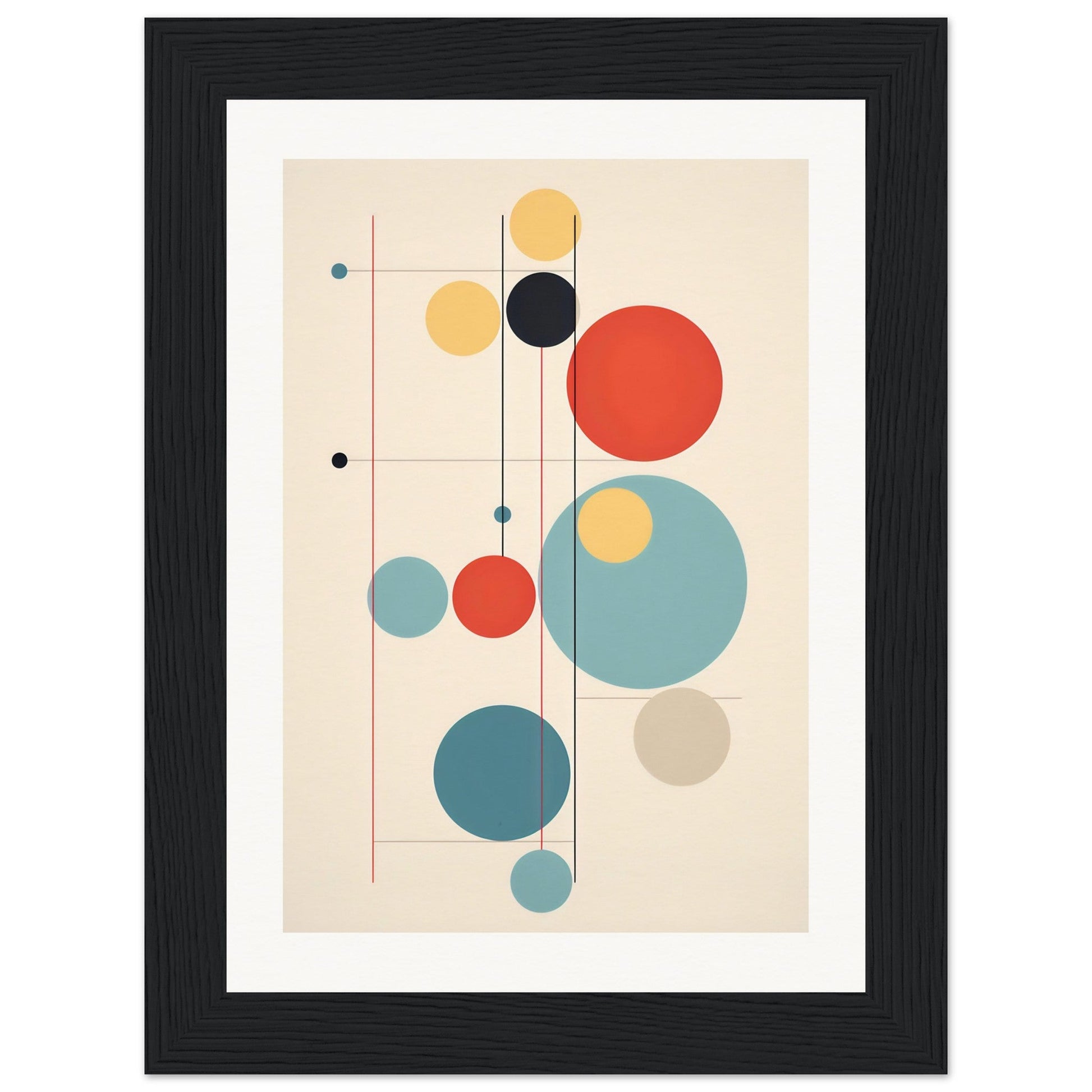 Abstract geometric artwork featuring colorful circles and lines in a minimalist composition.