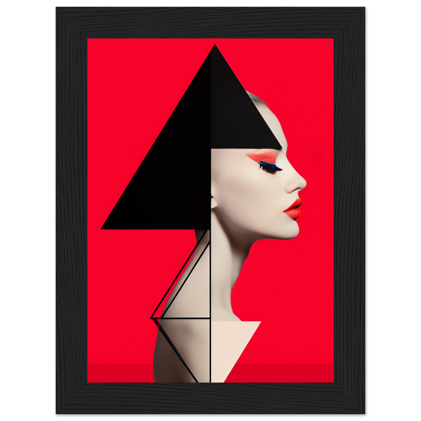 Profile portrait of a woman with geometric shapes incorporated into her hair and neck against a vivid red background.