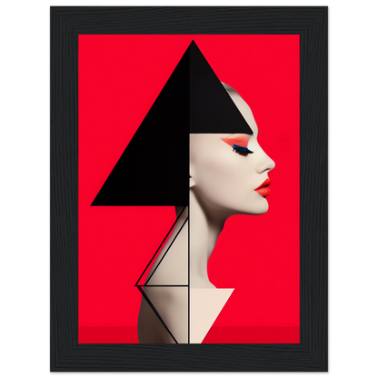 Profile portrait of a woman with geometric shapes incorporated into her hair and neck against a vivid red background.