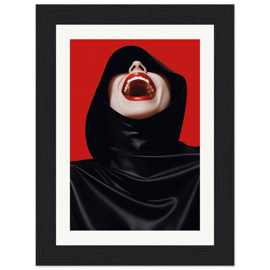 Open mouth with bright red lipstick surrounded by black fabric.