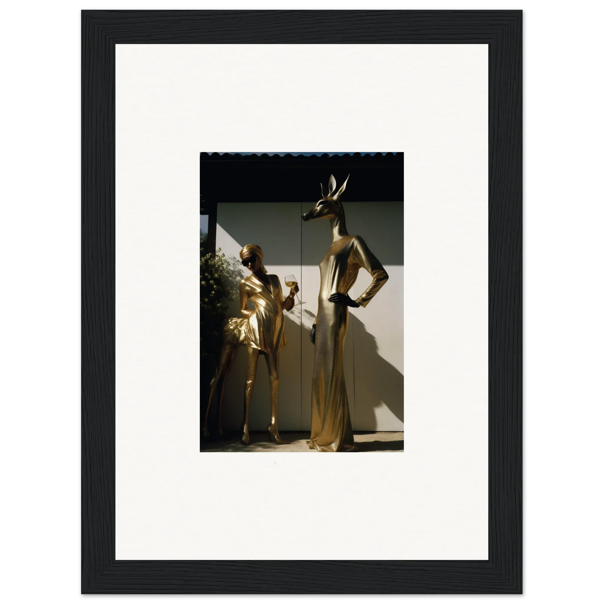 Framed photograph of two golden mannequins in elegant poses.