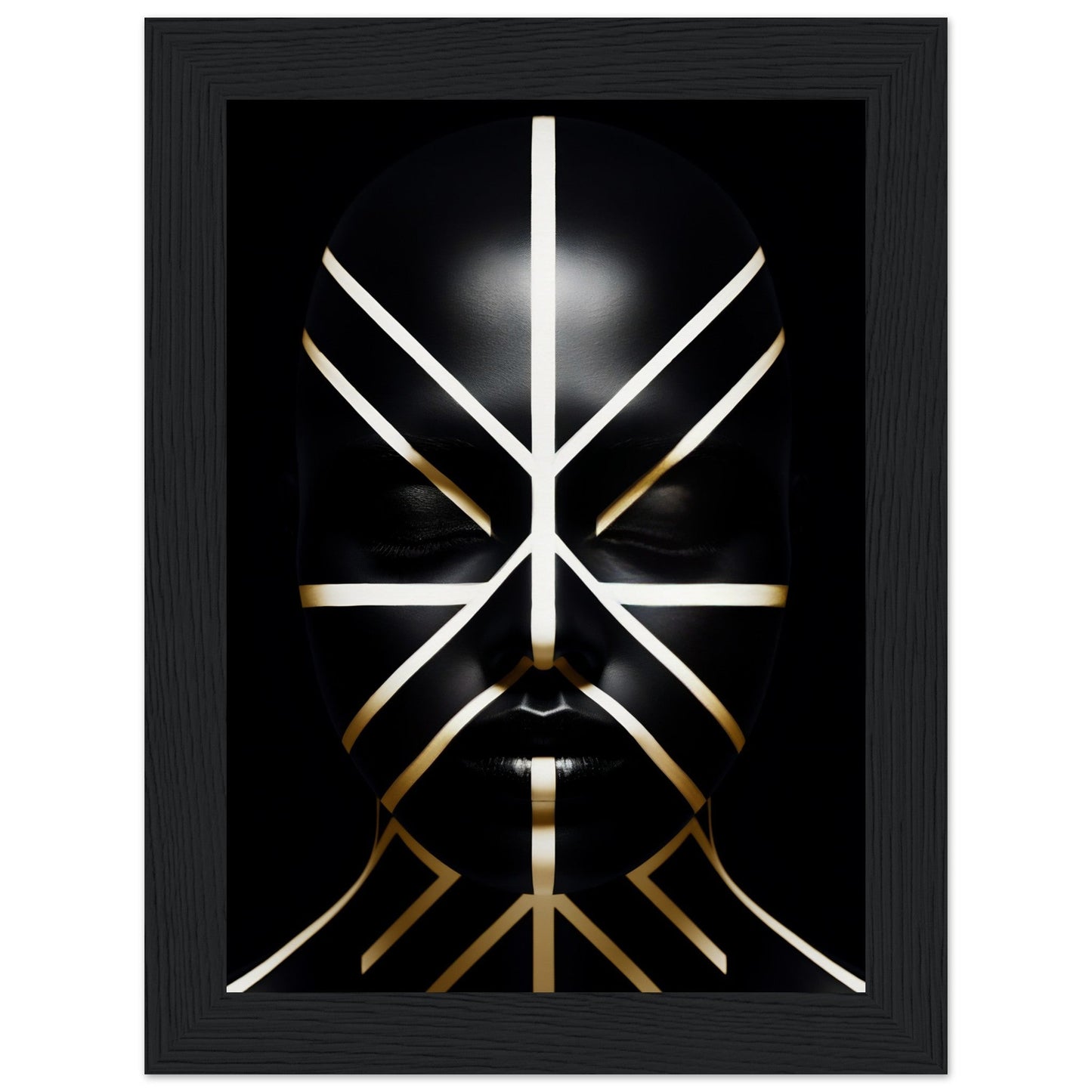 Stylized geometric design resembling an abstract face composed of white and gold lines on a black background.